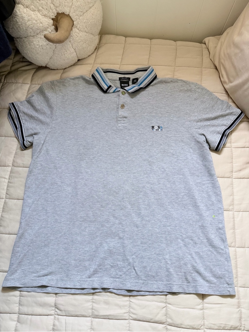 HUGO BOSS Light Gray Polo with Blue-Striped Collar